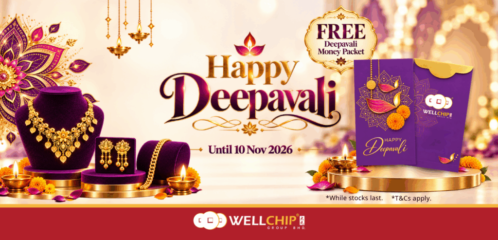 Kedai Emas Well Chip Deepavali Promotion 2026 poster featuring a FREE Deepavali Money Packet with any purchase, available until 10 November 2026.
