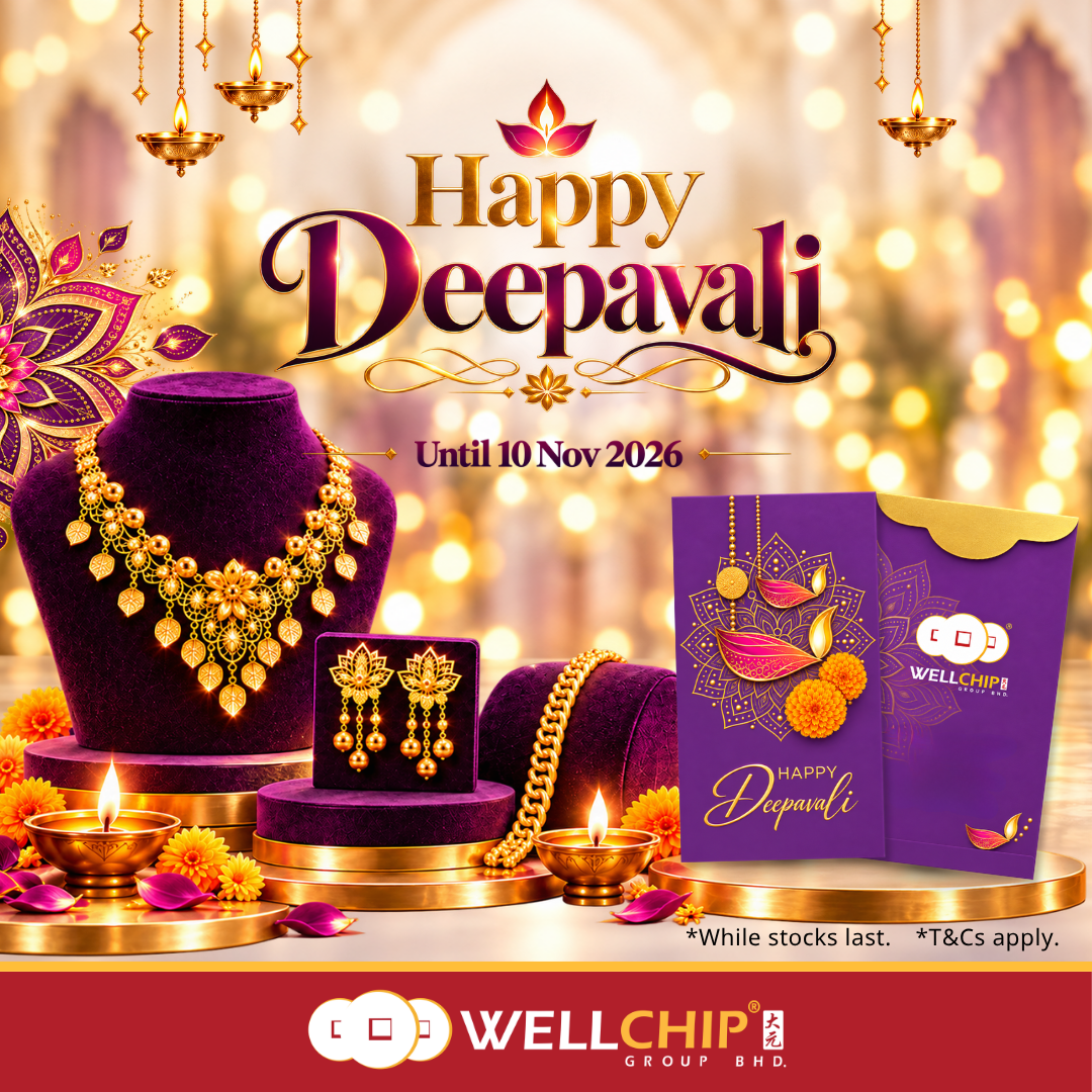 Kedai Emas Well Chip Deepavali Promotion 2026 poster featuring a FREE Deepavali Money Packet with any purchase, available until 10 November 2026.